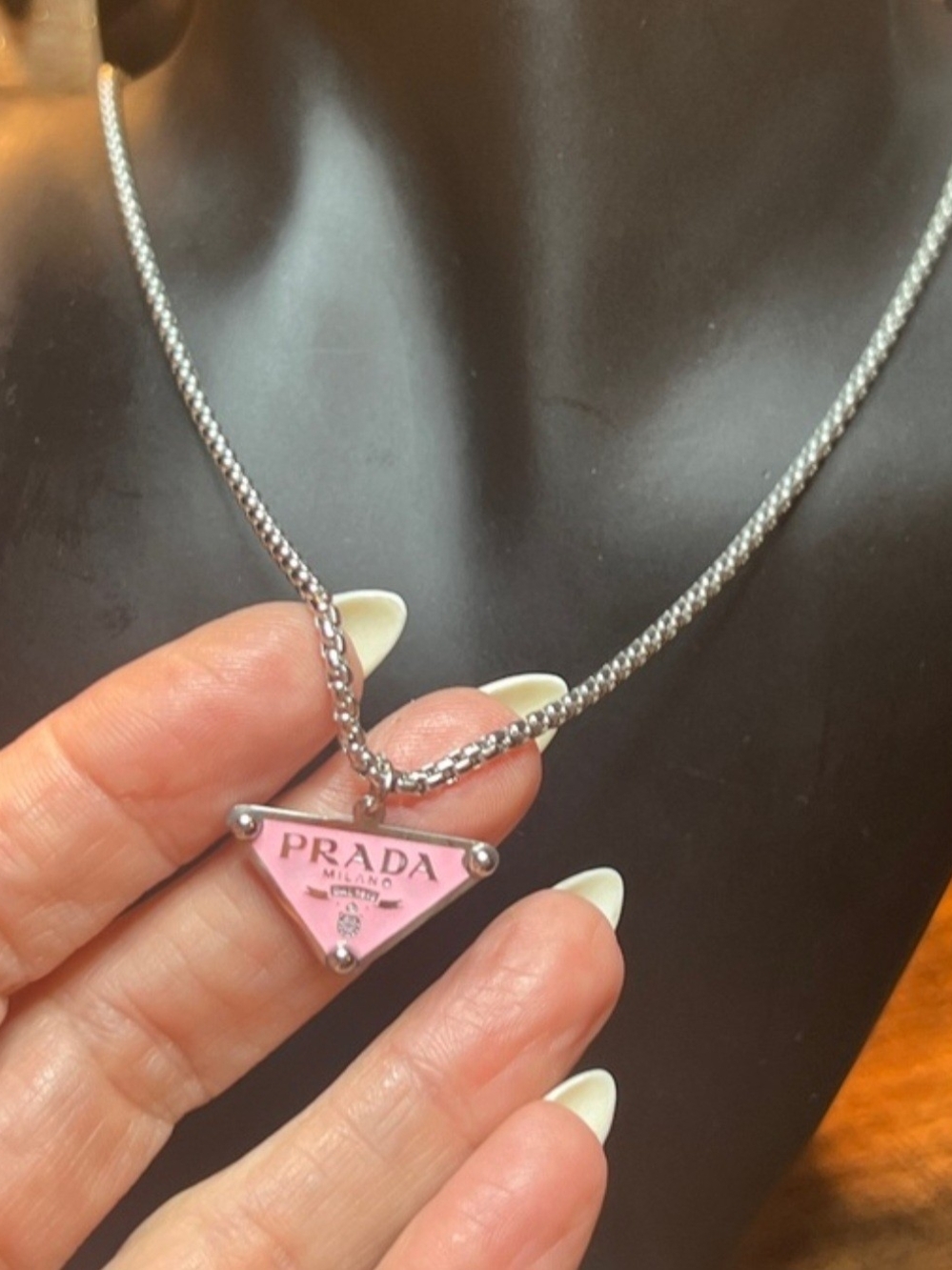 Pink Enamel Triangle Logo Necklace with Stainless Steel Chain